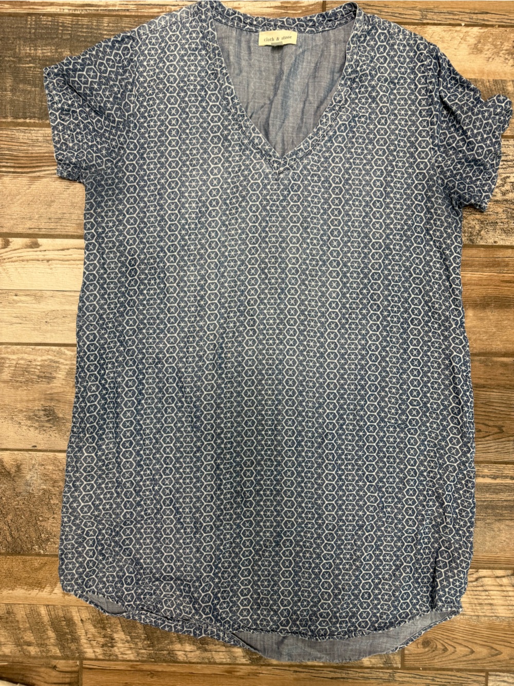 cloth & stone Blue Patterned V-Neck Short Sleeve dress